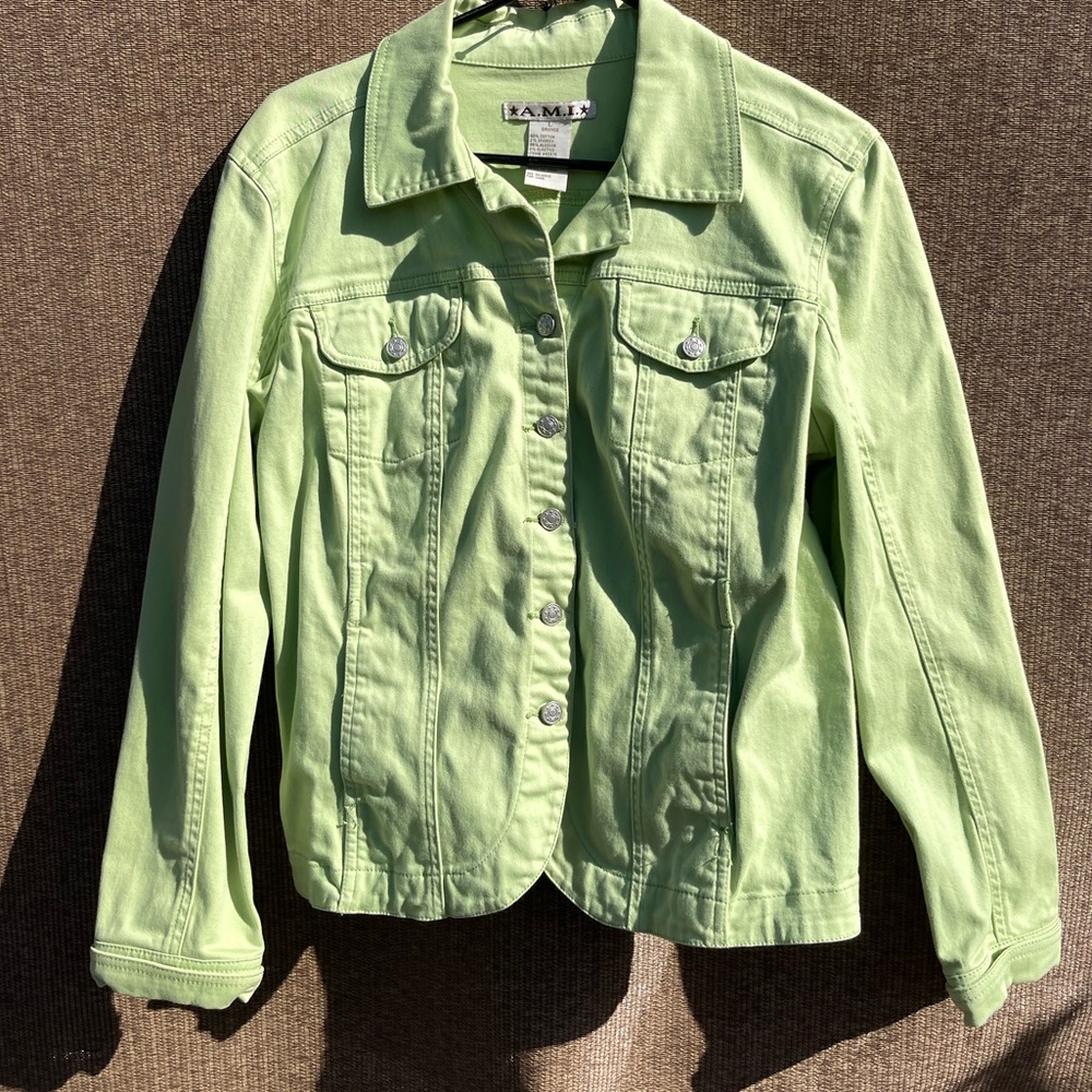 Vintage A.M.I Lime Green Cotton Jean look jacket Sz L Y2K Style